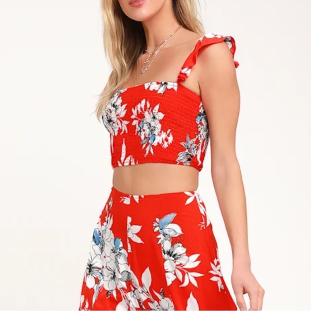 Lulus Red Tropical Print Floral Smocked Cropped Top Ruffle Straps Vacation S